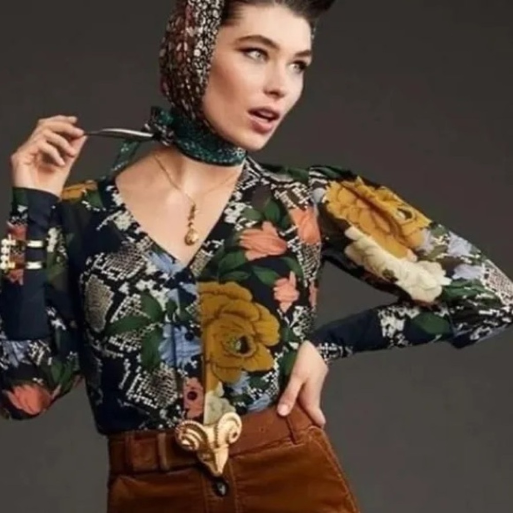 CAbi Floral & Snake-Print Long-Sleeve V-Neck Blouse in Navy, Yellow, Green